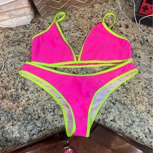 Shein Hot Pink Yellow Contrast Triangle Top Bikini Set Size Large NEW